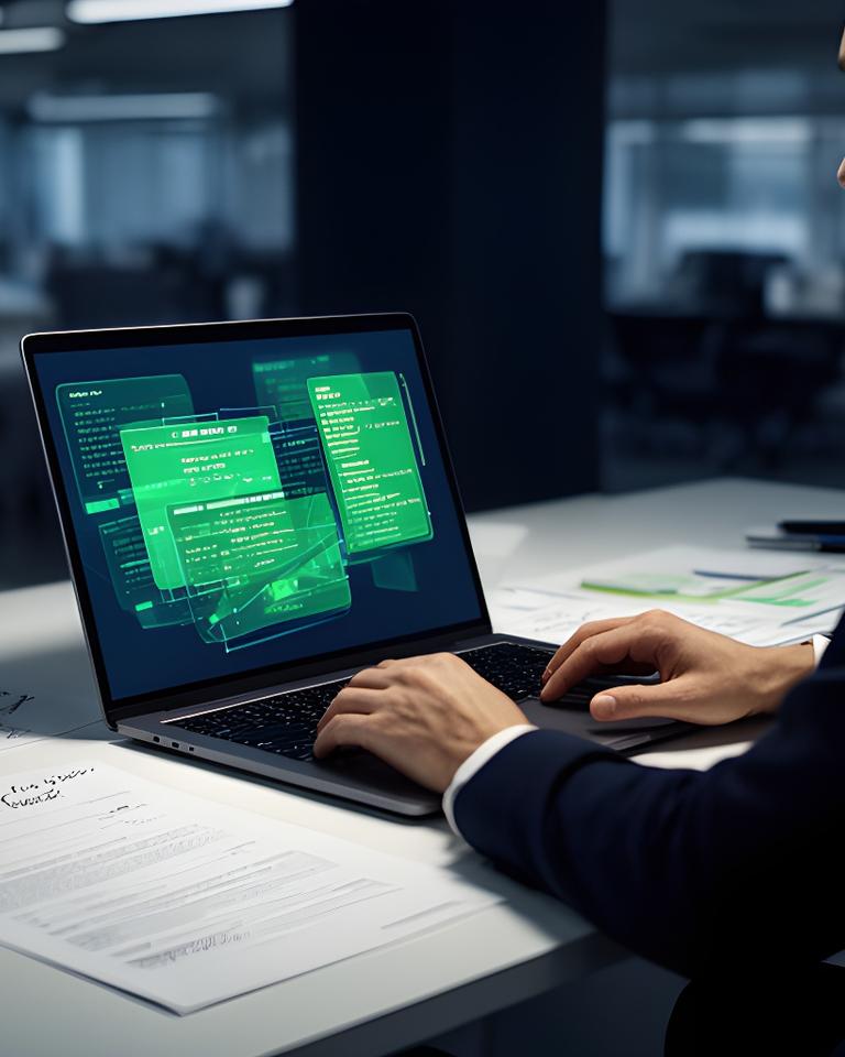 Person prüft digitale Unterlagen an einem modernen Arbeitsplatz mit Laptop und Notizen im Büro