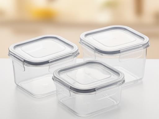 Dreiteiliges Frischhaltedosen-Set auf einer hellen Küchenarbeitsfläche