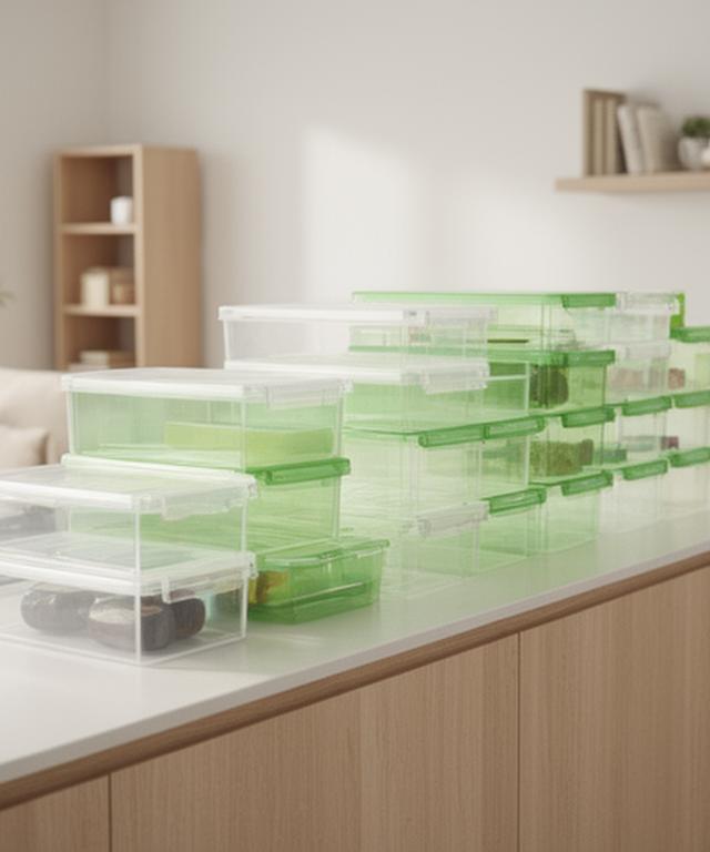 Moderne Küchen- und Wohnraumorganisation mit transparenten Kunststoffboxen und sauber beschrifteten Regalen in einem hellen Schweizer Zuhause