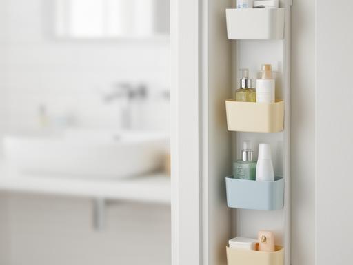 Schmaler Badezimmer-Organizer in einer kleinen, hellen Nische neben dem Waschbecken